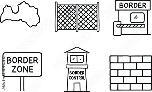 hand drawn cute doodle style isolated border map border fence panel border checkpoint booth border zone marker border control tower border wall segment