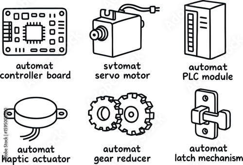 hand drawn cute doodle style isolated automat controller board automat servo motor automat PLC module automat haptic actuator automat gear reducer automat latch mechanism