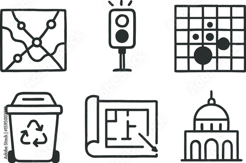 hand drawn cute doodle style isolated city subway map city traffic sensor city population heatmap city waste collection unit city planning blueprint city landmark icon