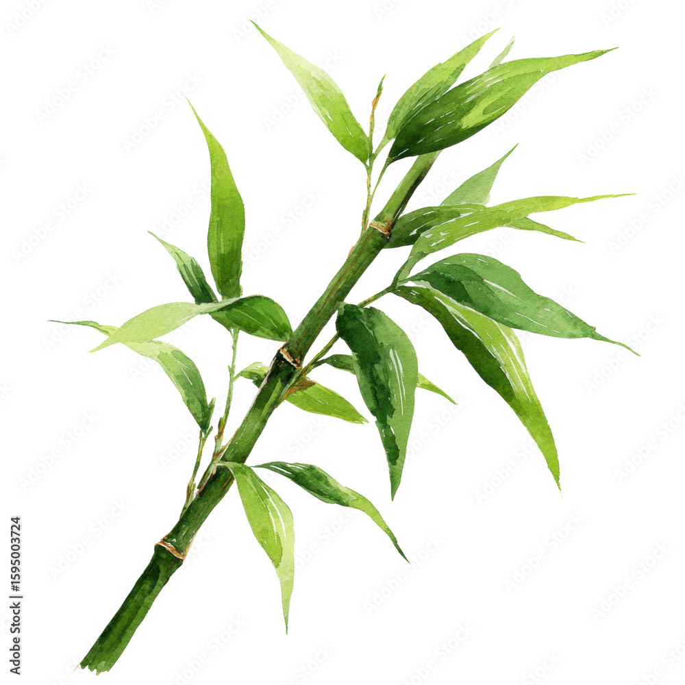 Fototapeta premium Bamboo stalk with green leaves watercolor painting, natural plant illustration with fresh and vibrant colors