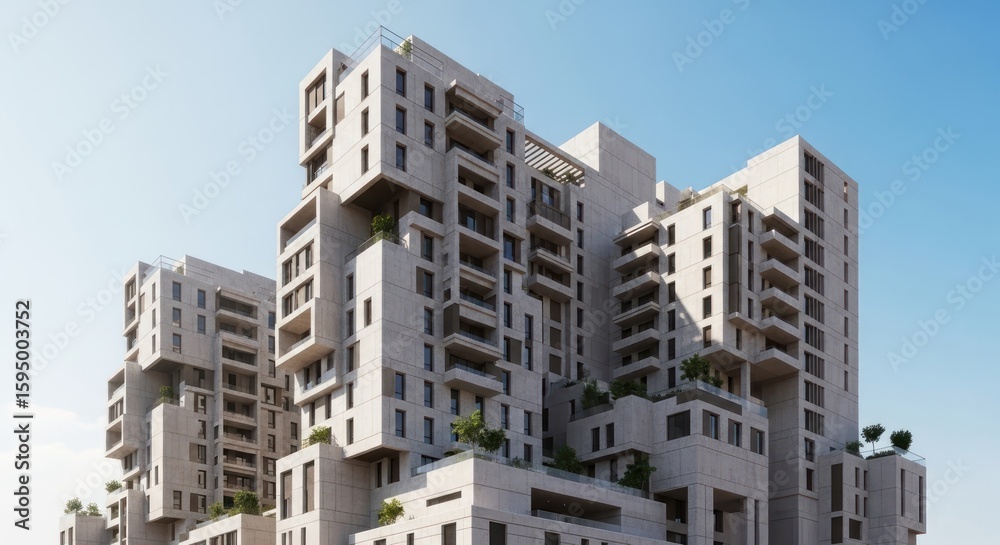 Modern residential complex with intricate, stacked block design and balconies under a clear blue sky. Modern residential complex with intricate, stacked block design and balconies under a clear blue sky.