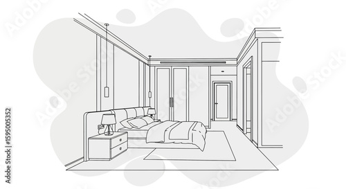 Bedroom with bed, wardrobe, and side tables in a modern interior
