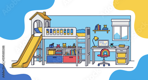 children's bedroom with bunk bed and study area