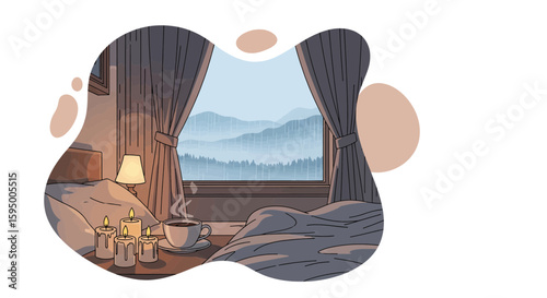 Cozy bedroom with window view of mountains and candles