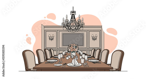 Elegant dining room with chandelier and formal table setting