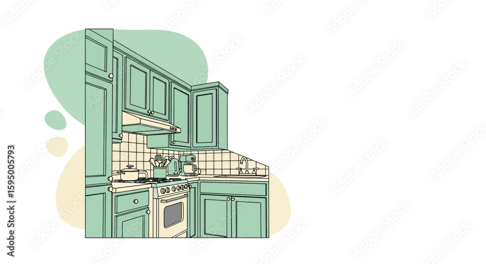 Naklejka premium Kitchen with cabinets stove and sink in flat style