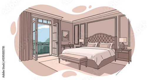 Interior view of a bedroom with a large bed and open balcony door