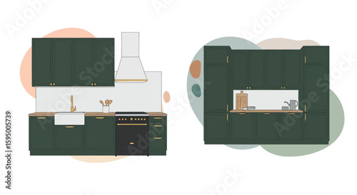 Kitchen cabinets and stove with cooking utensils
