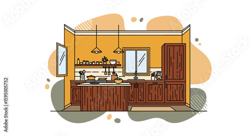 Kitchen interior with cabinets, shelves, and window for home design