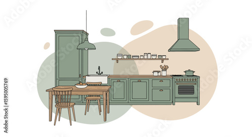 Kitchen interior with furniture and appliances for home cooking
