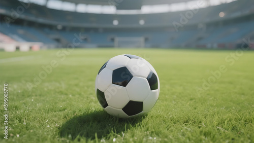 Soccer ball resting on a vibrant green field in an empty stadium