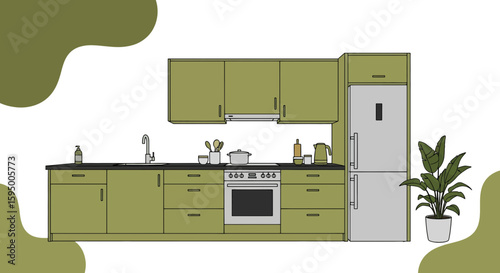kitchen with cabinets appliances and decorative plant