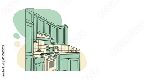 Kitchen with cabinets stove and sink in flat style
