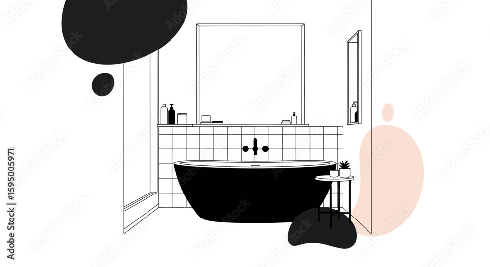Fototapeta premium Minimalist bathroom with bathtub and decorative plants