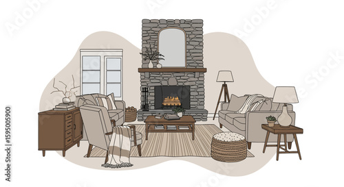 Living room with fireplace and comfortable seating arrangement