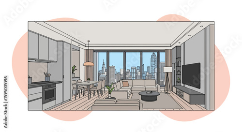 Living room with large window overlooking city skyline