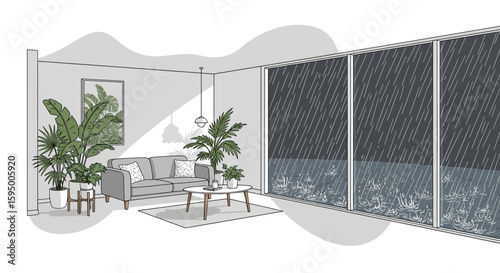 Living room with large glass window and indoor plants