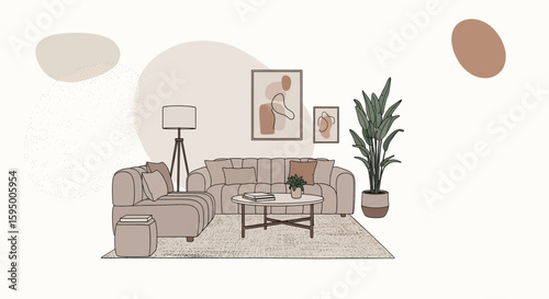 Living room with sofa, lamp, artwork, and potted plant