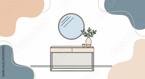 Minimalist room with wall mirror and plant on sideboard