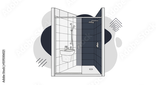 Minimalist shower room with glass doors and tiled interior