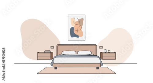 Minimalistic bedroom scene with bed and side tables