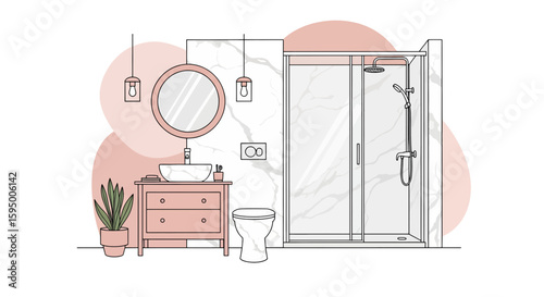 Modern bathroom interior with shower, sink, mirror and plants