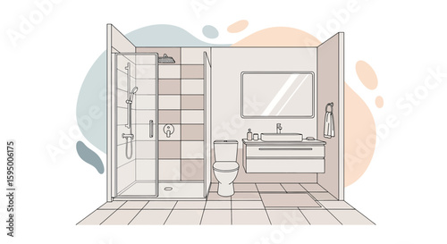 Modern bathroom with shower toilet and vanity with mirror