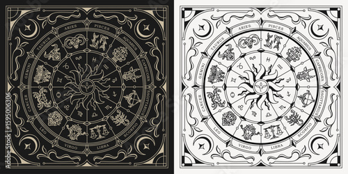 Astrology Horoscope wheel circle with zodiac signs. Mystery and esoteric style vector illustration. Horoscope Witchcraft  calendar wheel chart vector illustration. collection zodiacal animals design.