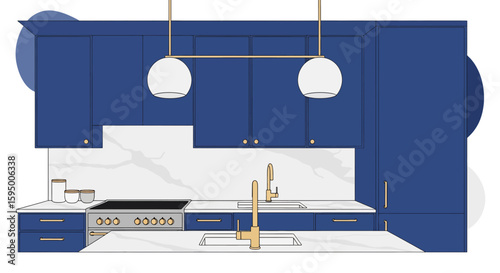 modern kitchen with blue cabinets and marble countertop