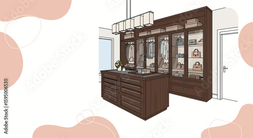 Modern wooden wardrobe with glass doors and clothing storage