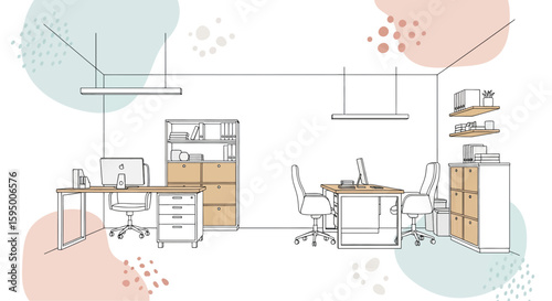 Office workspace with desks chairs and shelves in minimal style
