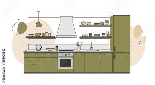 Open kitchen with cabinets shelves and appliances