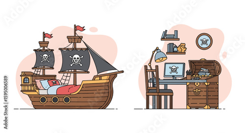Pirate ship and treasure chest scene with skull symbols