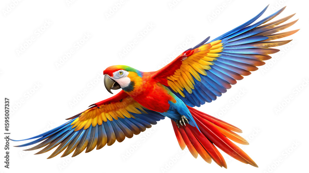 Fototapeta premium colorful parrot flying isolated on white background, png, ai generated.