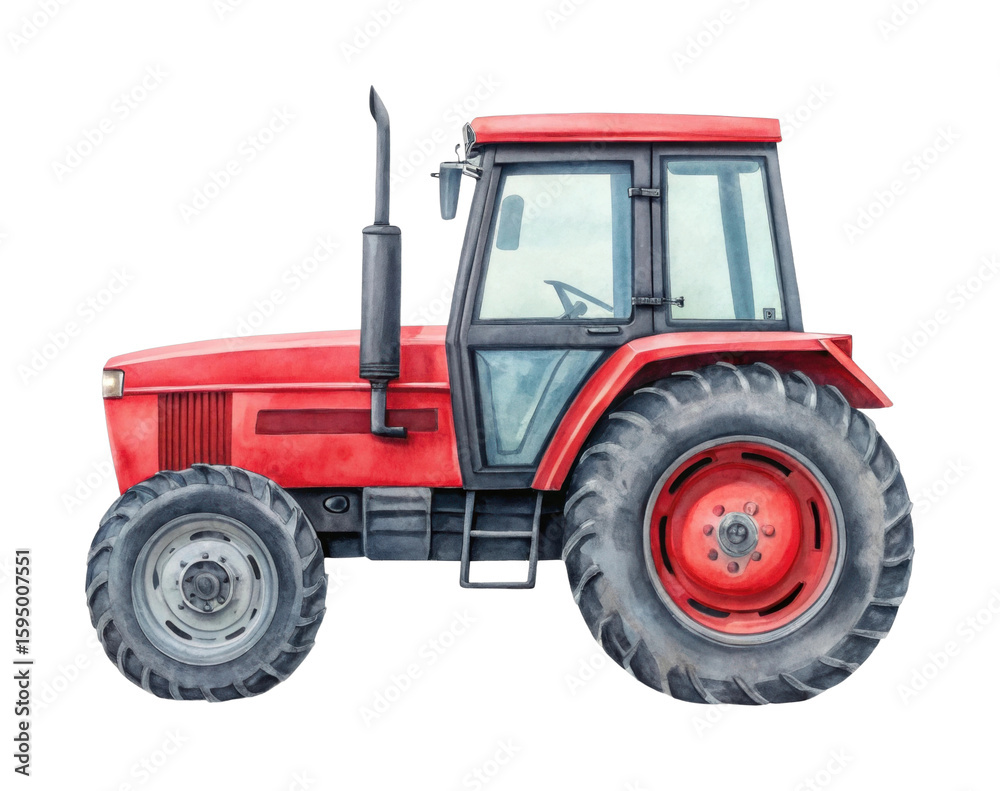 Obraz premium Red tractor with large wheels and cabin side view
