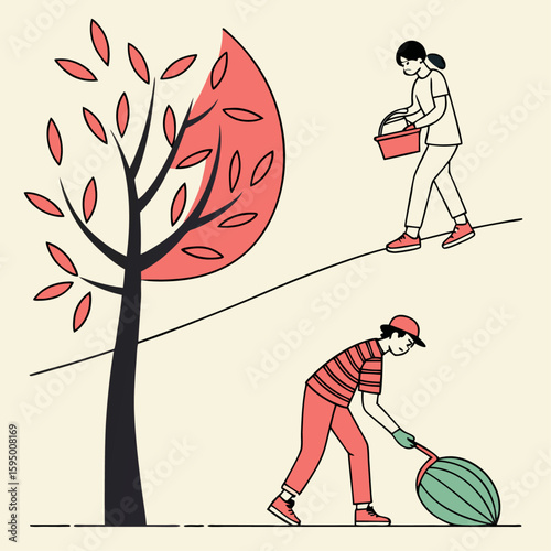 Cartoon vector illustration of people having fun, including a man and woman, a girl with a ball, and a girl with a basket of apples, plus a boy child character