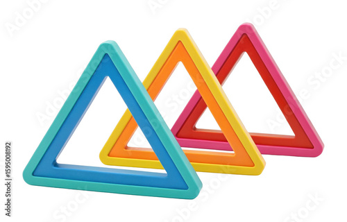 Colorful stacking toy triangles in blue, yellow, and red