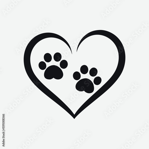 Black heart shape with two dog paw prints inside on a white background animal love