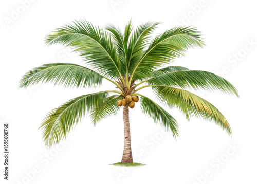 Lush tropical coconut palm tree with vibrant green fronds