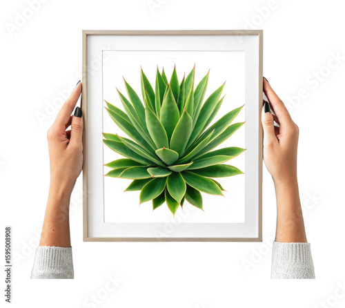 Female hands holding framed botanical art of green succulent plant