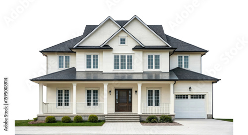 Large modern suburban house with white exterior and slate roof