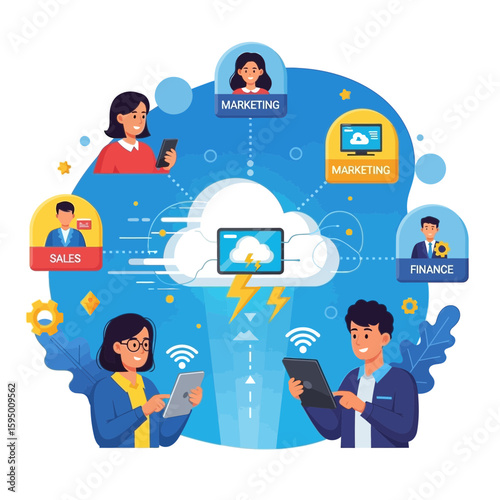 Creative design depicts cloud computing connecting various business departments like marketing, sales, and finance for seamless communication.