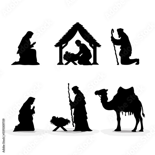 Icon set of nativity figurine silhouettes: manger cradle, Mary, Joseph, shepherd, camel