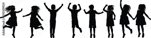 Silhouette of happy children jumping, playful energy, fun group, joyful celebration, childhood unity, outdoor activity, black and white, vector art