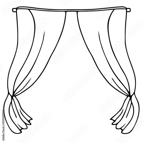 Flowing curtains in minimalist line art on a white backdrop, featuring flowing curtains gracefully draped. These flowing curtains illustrate elegance, evoking airy softness and gentle movement.