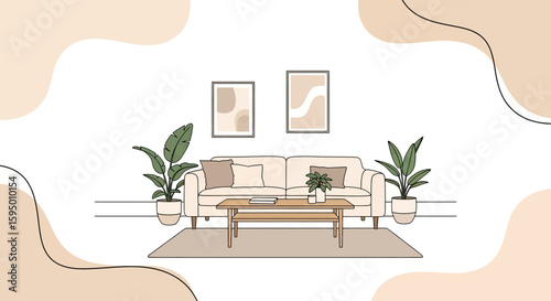 living room sofa with potted plants and wall art behind