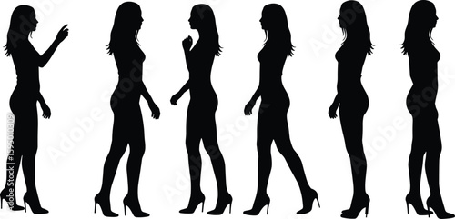 Silhouettes of fashionable women in high heels striking different poses, stylish motion sequence, elegant black vector illustration artwork set