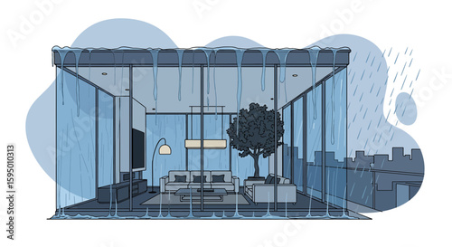 Indoor living room with large glass windows and rain view