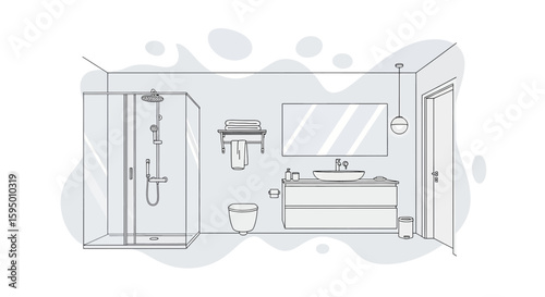 Modern bathroom with shower, mirror, and vanity area