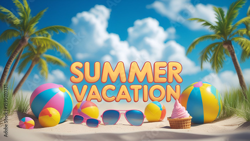 Vibrant Summer Vacation Concept Featuring Beach Accessories, Straw Hat, Sunglasses, Flip-Flops, and Tropical Vibes on a Bright Yellow Background